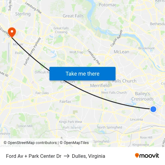 Ford Av + Park Center Dr to Dulles, Virginia map