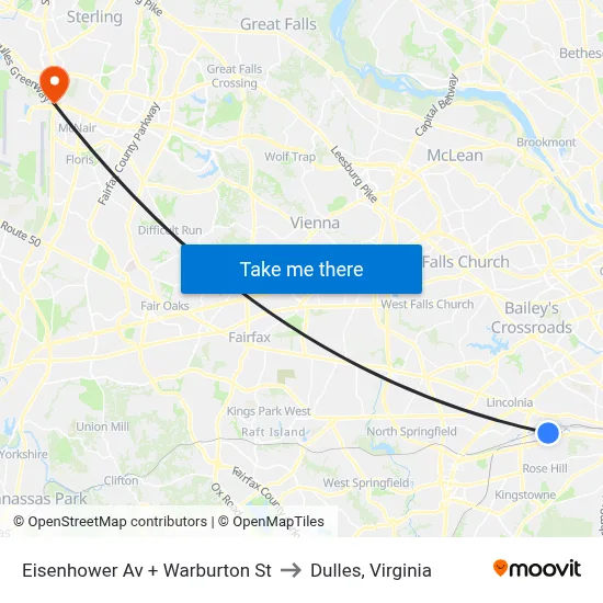 Eisenhower Av + Warburton St to Dulles, Virginia map