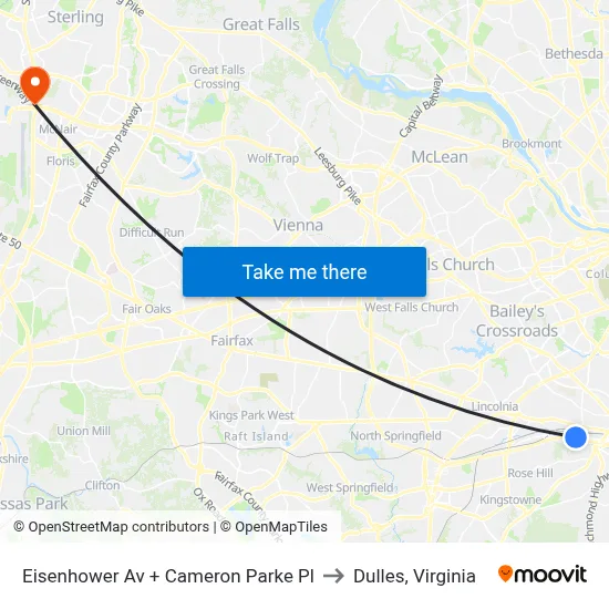 Eisenhower Av + Cameron Parke Pl to Dulles, Virginia map