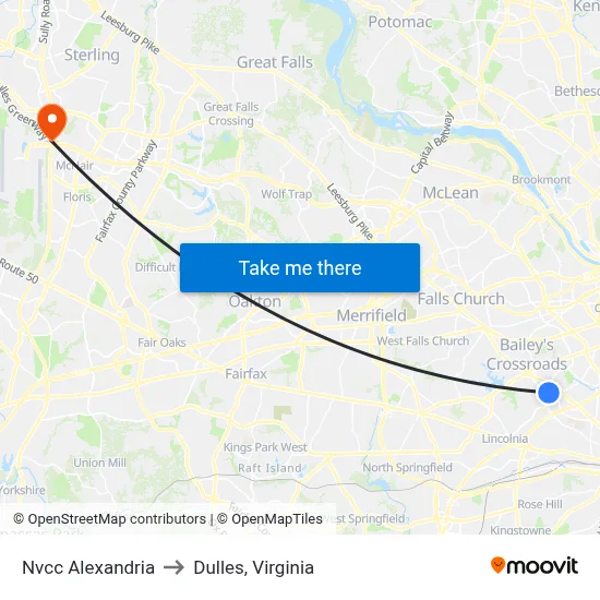 Nvcc Alexandria to Dulles, Virginia map
