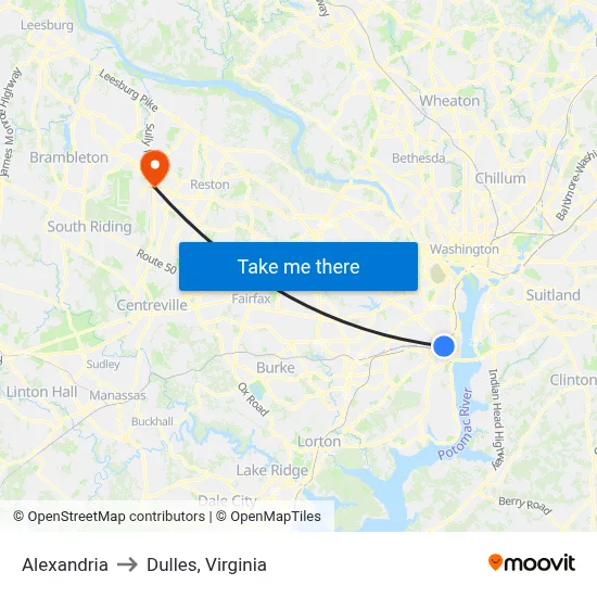 Alexandria to Dulles, Virginia map