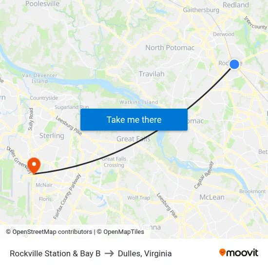 Rockville Station & Bay B to Dulles, Virginia map