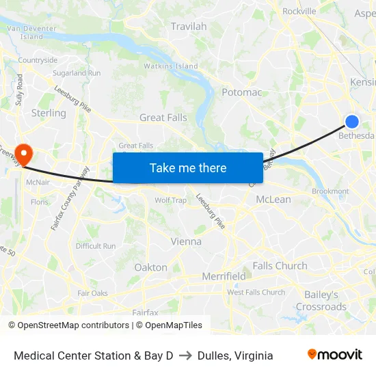 Medical Center Station & Bay D to Dulles, Virginia map