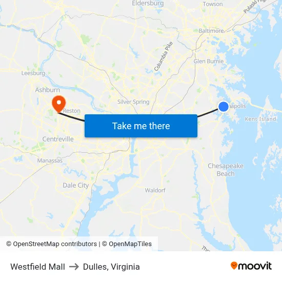 Westfield Mall to Dulles, Virginia map