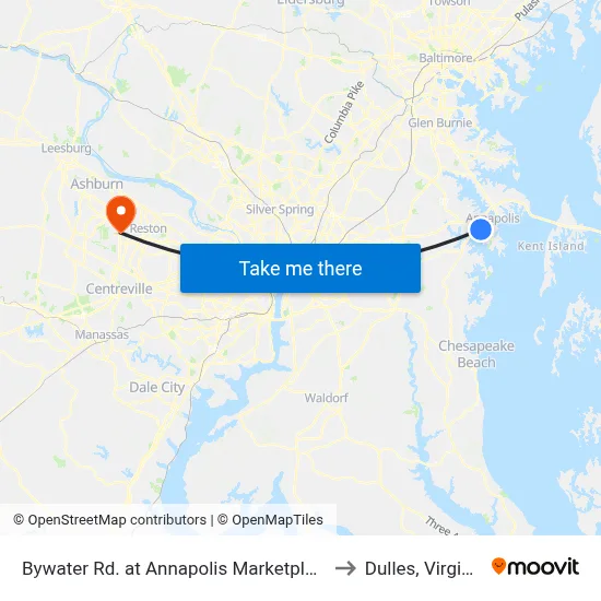 Bywater Rd. at Annapolis Marketplace to Dulles, Virginia map