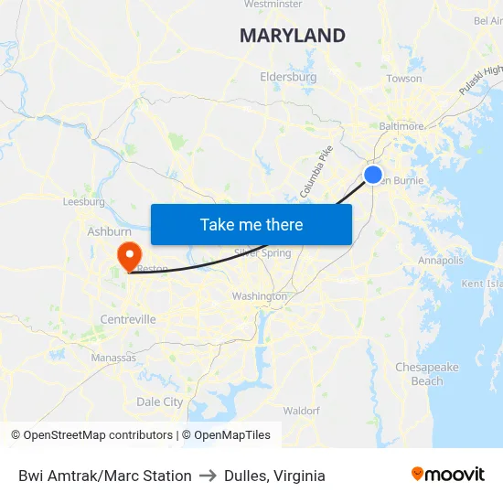 Bwi Amtrak/Marc Station to Dulles, Virginia map