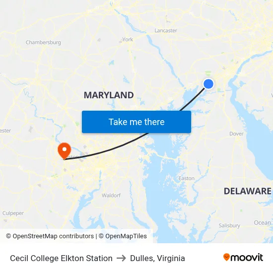 Cecil College Elkton Station to Dulles, Virginia map