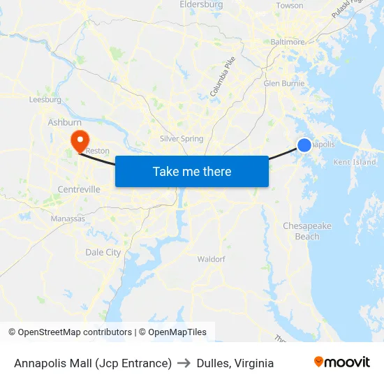 Annapolis Mall (Jcp Entrance) to Dulles, Virginia map
