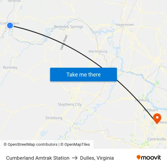 Cumberland Amtrak Station to Dulles, Virginia map