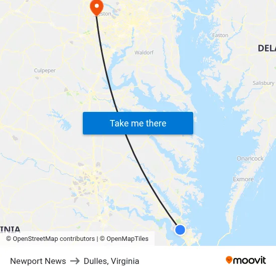 Newport News to Dulles, Virginia map
