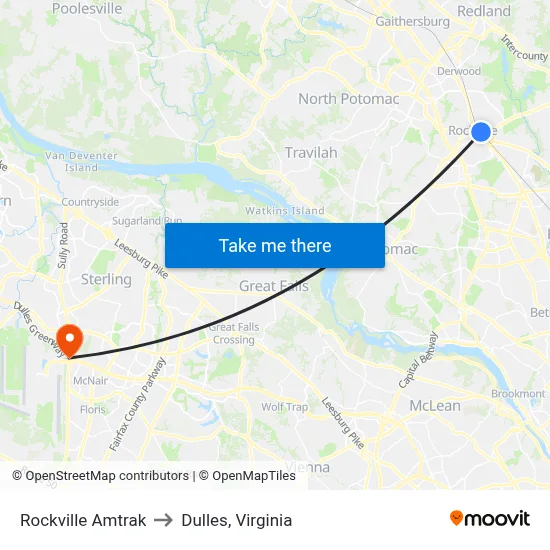 Rockville Amtrak to Dulles, Virginia map