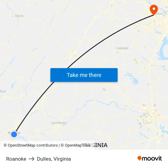 Roanoke to Dulles, Virginia map