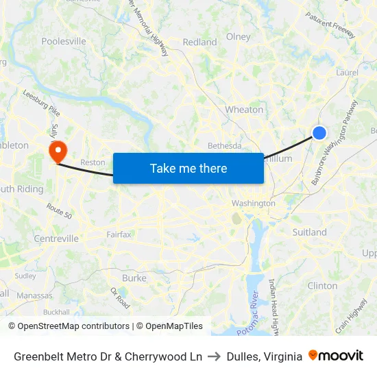 Greenbelt Metro Dr & Cherrywood Ln to Dulles, Virginia map