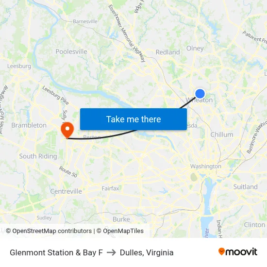 Glenmont Station & Bay F to Dulles, Virginia map