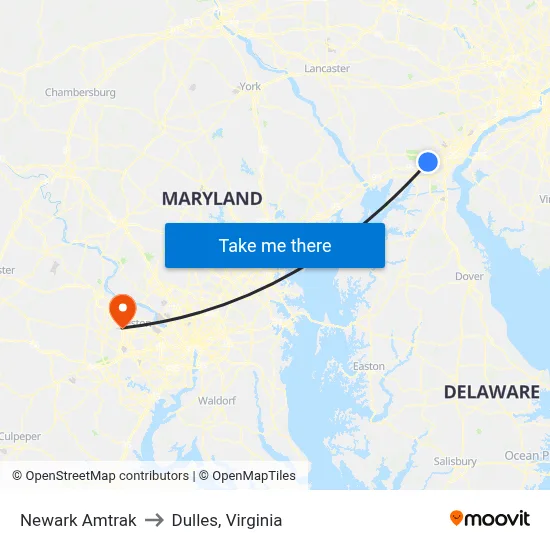 Newark Amtrak to Dulles, Virginia map