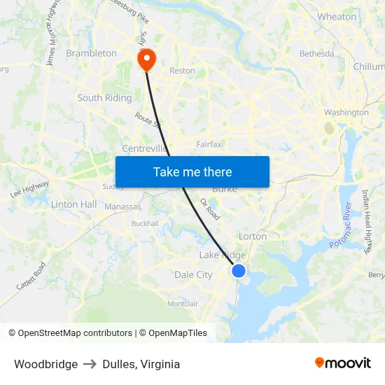 Woodbridge to Dulles, Virginia map