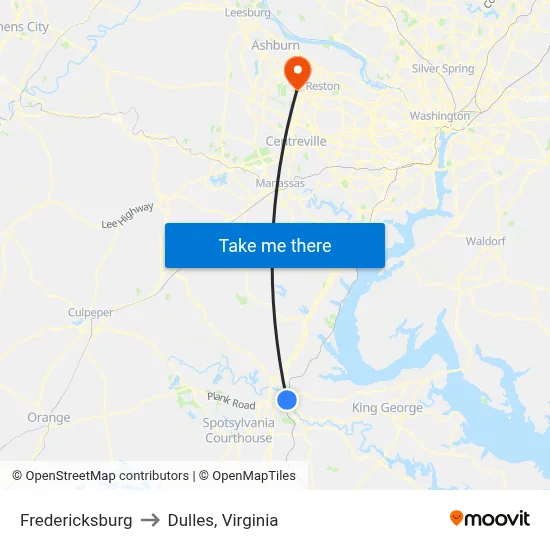 Fredericksburg to Dulles, Virginia map