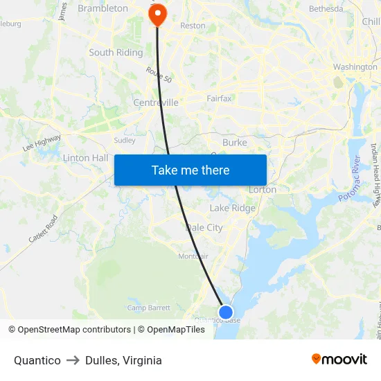 Quantico to Dulles, Virginia map