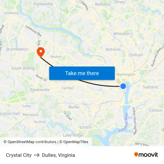 Crystal City to Dulles, Virginia map