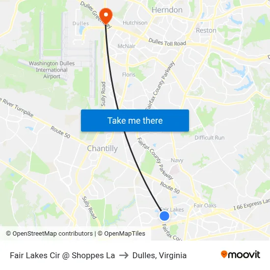 Fair Lakes Cir @ Shoppes La to Dulles, Virginia map