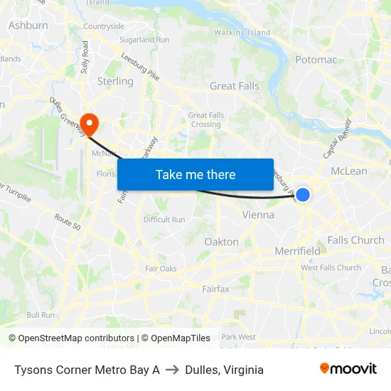 Tysons Corner Metro Bay A to Dulles, Virginia map