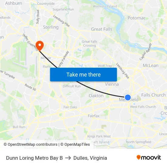 Dunn Loring Metro Bay B to Dulles, Virginia map