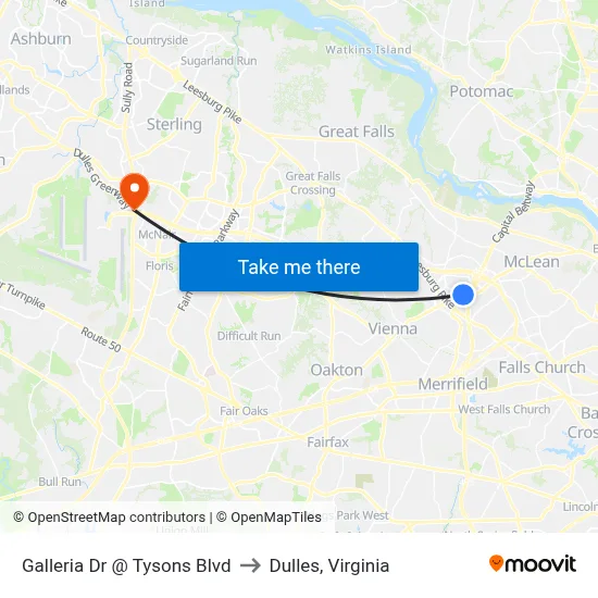 Galleria Dr @ Tysons Blvd to Dulles, Virginia map