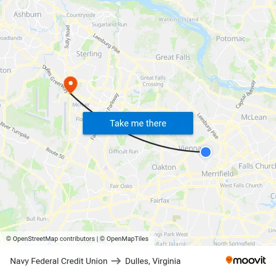 Navy Federal Credit Union to Dulles, Virginia map