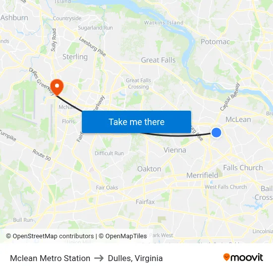 Mclean Metro Station to Dulles, Virginia map