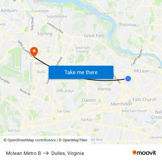 Mclean Metro B to Dulles, Virginia map