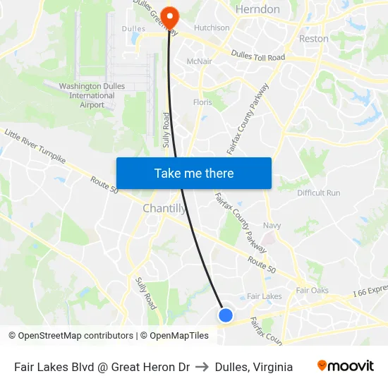 Fair Lakes Blvd @ Great Heron Dr to Dulles, Virginia map