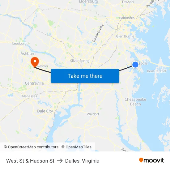 West St & Hudson St to Dulles, Virginia map