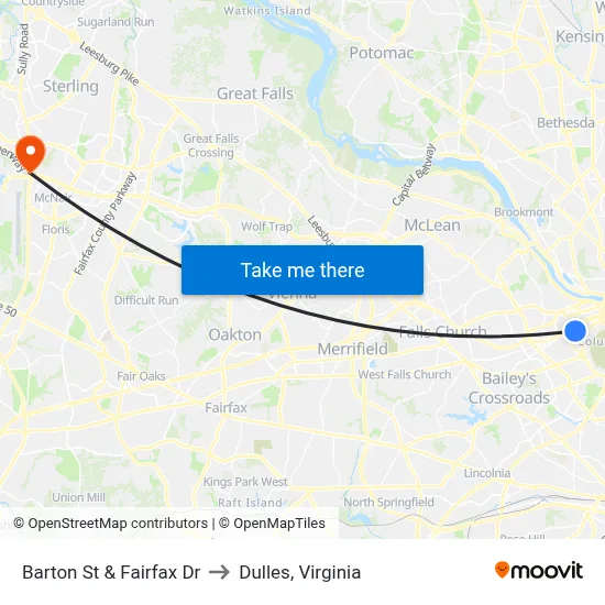 Barton St & Fairfax Dr to Dulles, Virginia map