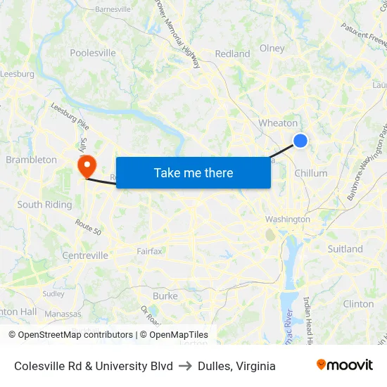 Colesville Rd & University Blvd to Dulles, Virginia map