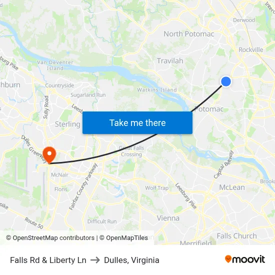 Falls Rd & Liberty Ln to Dulles, Virginia map
