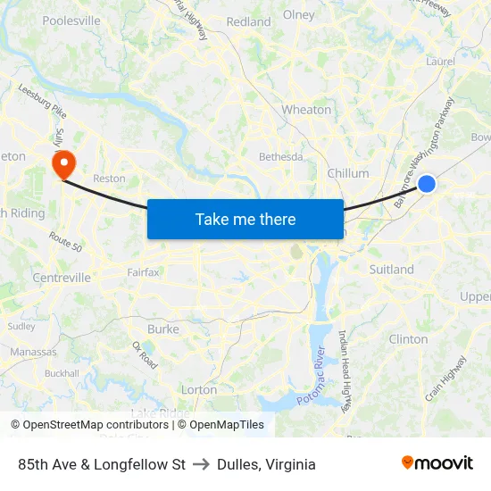 85th Ave & Longfellow St to Dulles, Virginia map