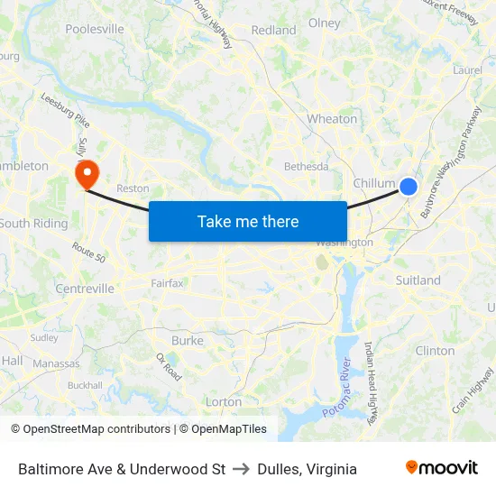 Baltimore Ave & Underwood St to Dulles, Virginia map