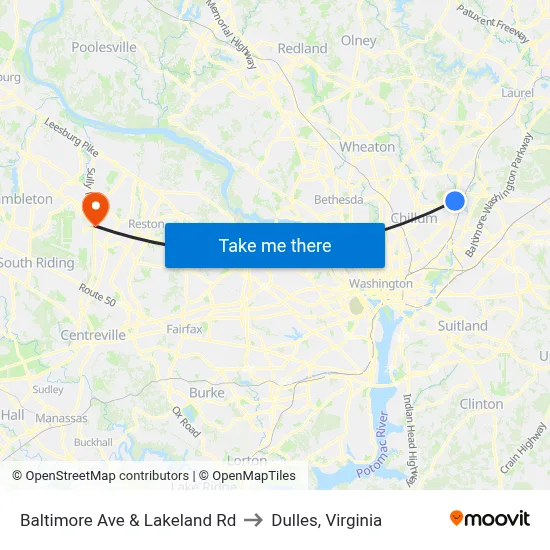Baltimore Ave & Lakeland Rd to Dulles, Virginia map