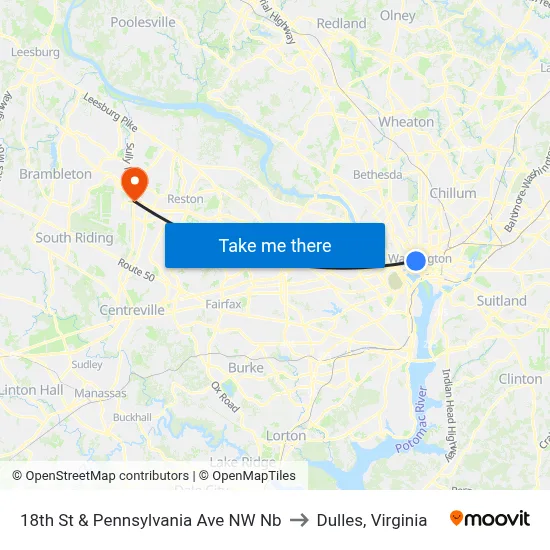 18th St & Pennsylvania Ave NW Nb to Dulles, Virginia map