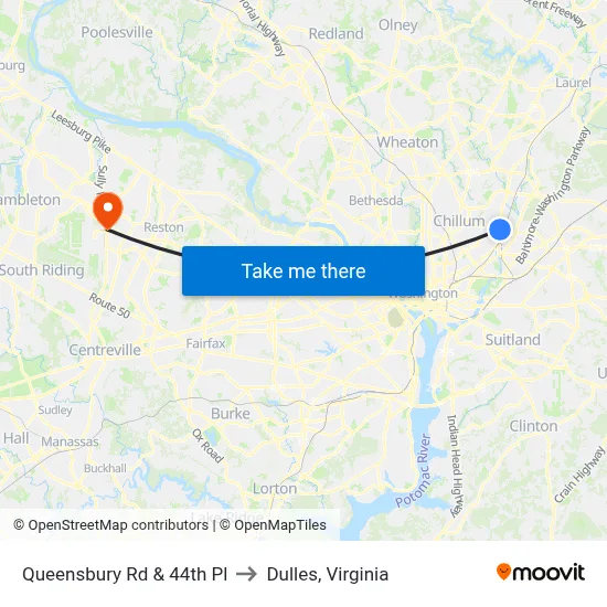 Queensbury Rd & 44th Pl to Dulles, Virginia map