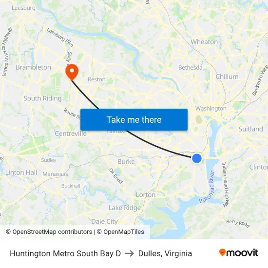Huntington Metro South Bay D to Dulles, Virginia map