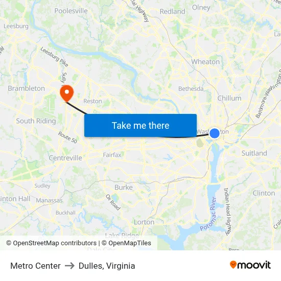 Metro Center to Dulles, Virginia map