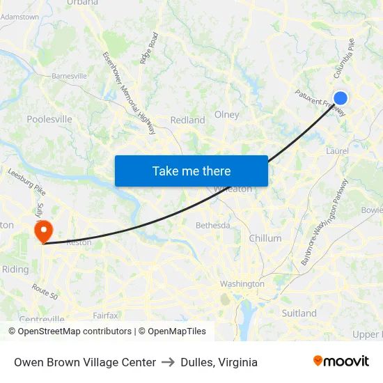 Owen Brown Village Center to Dulles, Virginia map