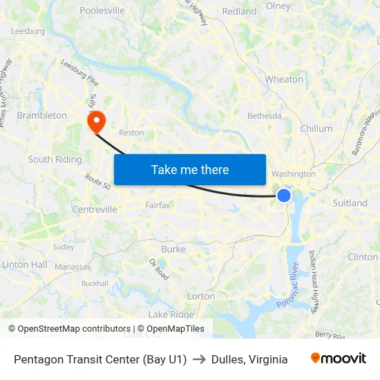 Pentagon Transit Center (Bay U1) to Dulles, Virginia map