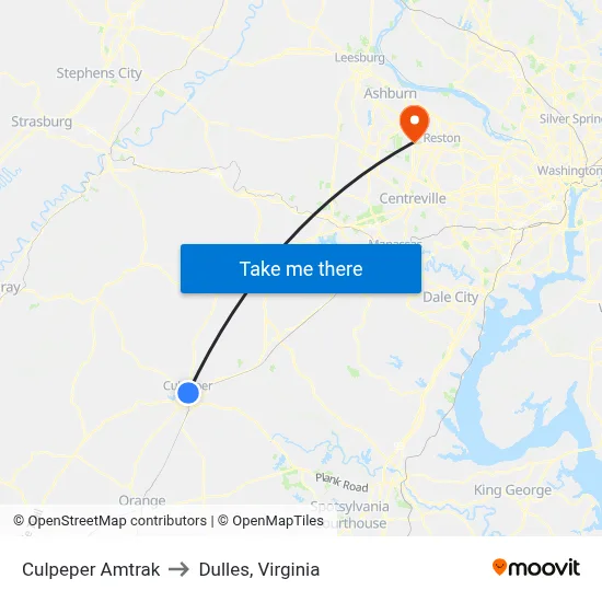 Culpeper Amtrak to Dulles, Virginia map