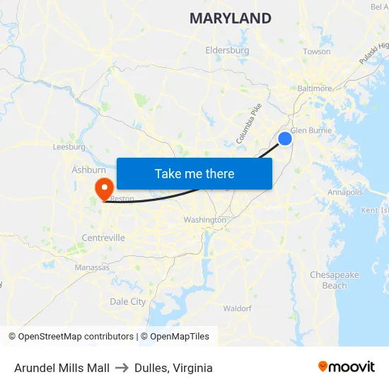 Arundel Mills Mall to Dulles, Virginia map