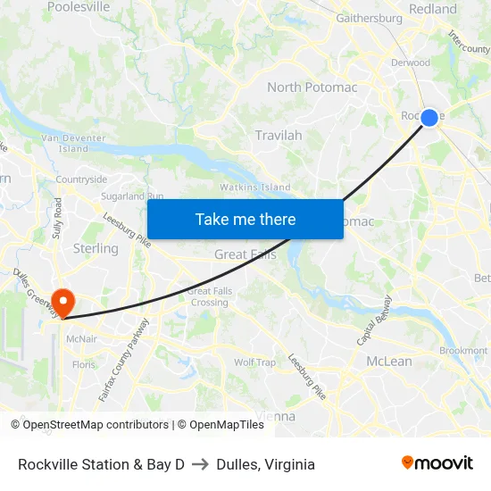 Rockville Station & Bay D to Dulles, Virginia map