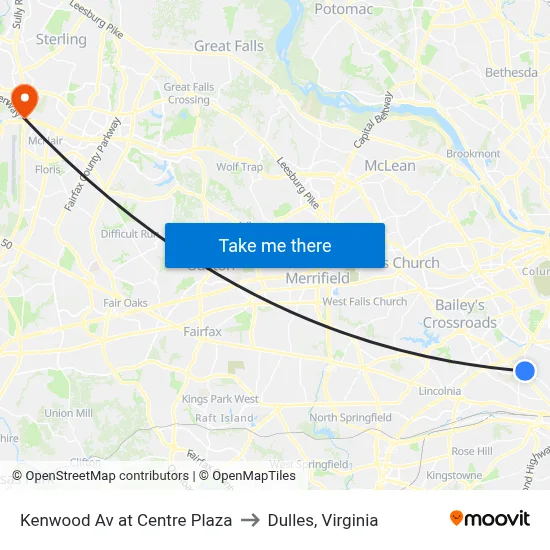 Kenwood Av at Centre Plaza to Dulles, Virginia map