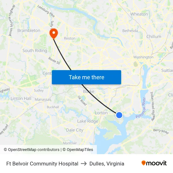 Ft Belvoir Community Hospital to Dulles, Virginia map