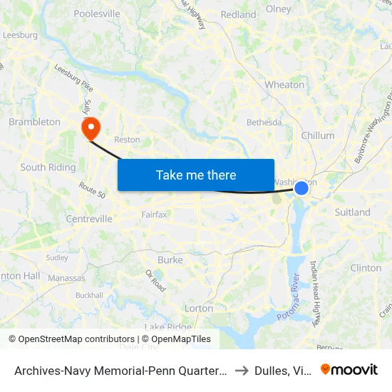 Archives-Navy Memorial-Penn Quarter Metro Station to Dulles, Virginia map